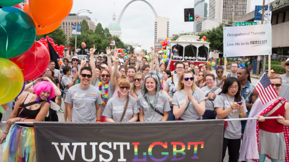 WUSTLGBT banner and celebrants at PrideFest