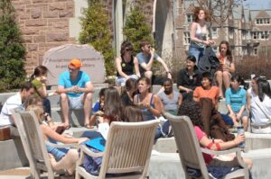 students at Danforth University Center plaza