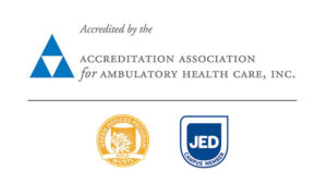 Accreditation Association for Ambulatory Health Care logo, JED Campus Member logo, and Green Offices Program Gold logo